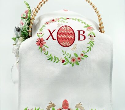 Рушник пасхальний Великодні зайчики (червоно-жовтий)